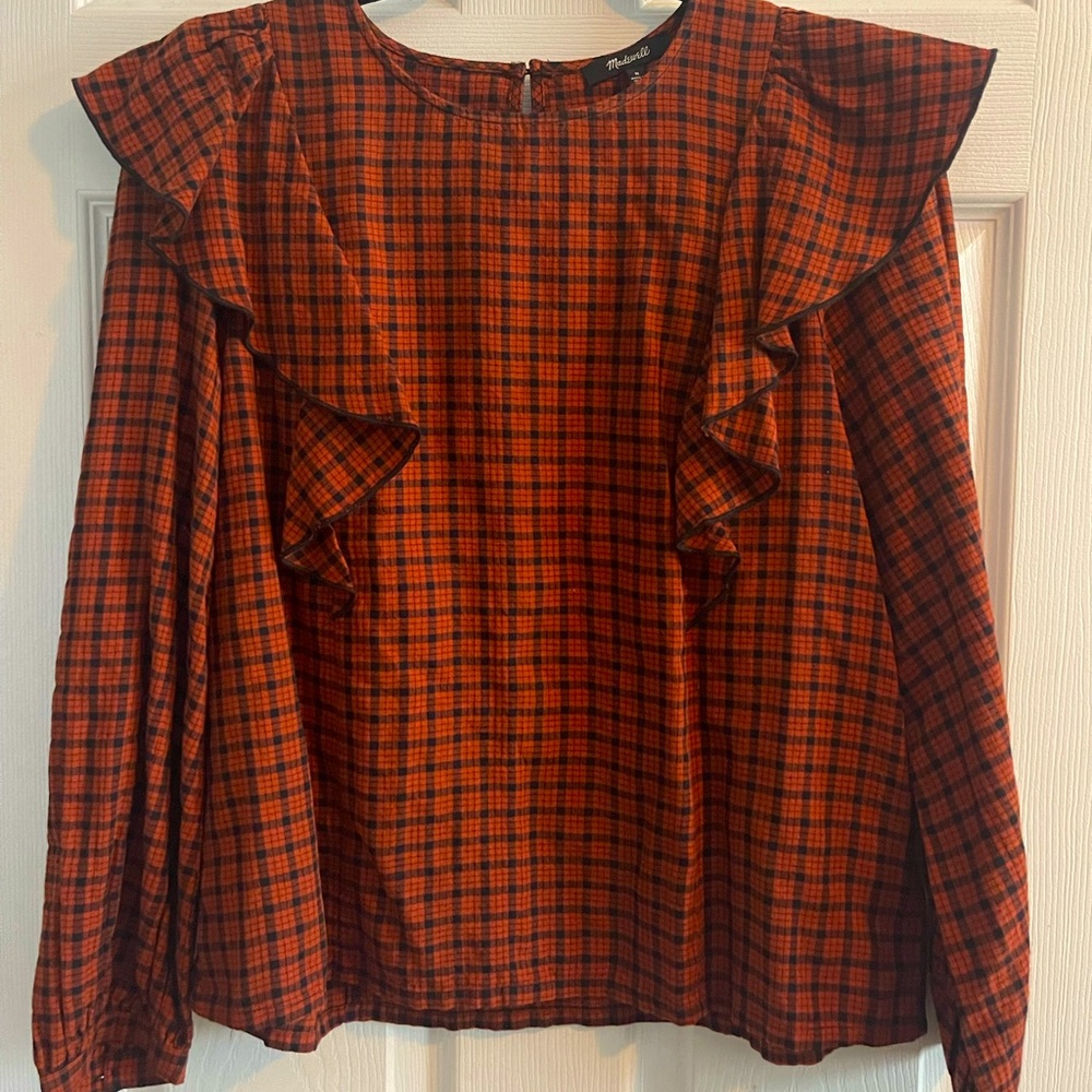 Madewell ruffle-front top in orange and black plaid